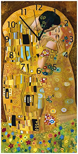 Wallario Design-Wanduhr Der Kuss von Klimt aus Glas, Motiv-Uhr Größe 30 x 60 cm, Schwarze Zeiger von Wallario