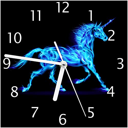 Wallario Design-Wanduhr Design Einhorn - aus blauen Flammen aus Glas, Motiv-Uhr Größe 20 x 20 cm, weiße Zeiger von Wallario