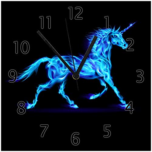 Wallario Design-Wanduhr Design Einhorn - aus blauen Flammen aus Glas, Motiv-Uhr Größe 30 x 30 cm, Schwarze Zeiger von Wallario