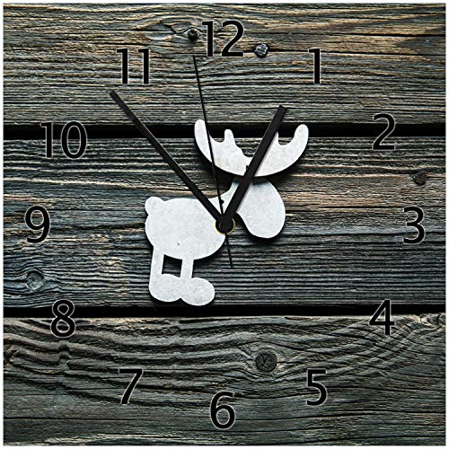 Wallario Design-Wanduhr Elch Symbol in weiß, vor dunklem Holz aus Glas, Motiv-Uhr Größe 30 x 30 cm, Schwarze Zeiger von Wallario