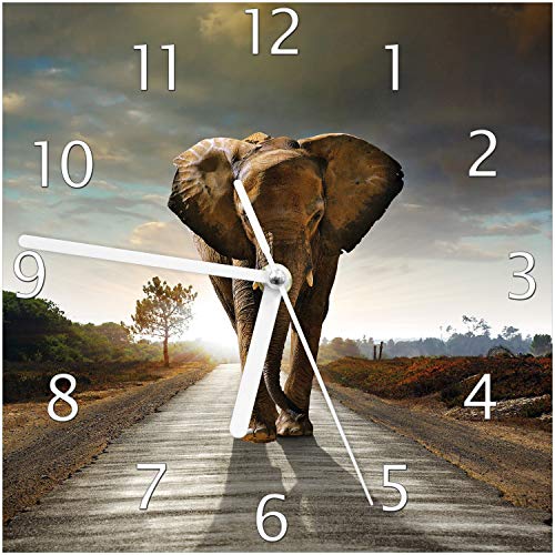 Wallario Design-Wanduhr Elefant bei Sonnenaufgang in Afrika aus Glas, Motiv-Uhr Größe 20 x 20 cm, weiße Zeiger von Wallario