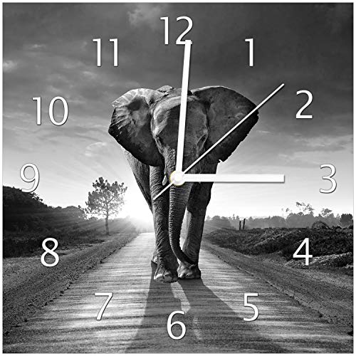 Wallario Design-Wanduhr Elefant bei Sonnenaufgang in Afrika schwarzweiß aus Glas, Motiv-Uhr Größe 30 x 30 cm, weiße Zeiger von Wallario