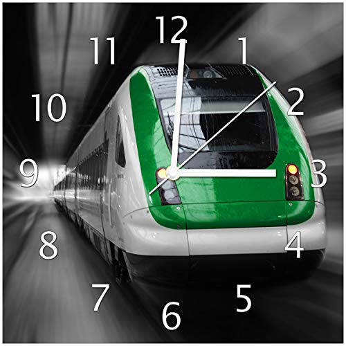 Wallario Design-Wanduhr Fahrender Zug von vorn in grün - Perspektive von vorn aus Glas, Motiv-Uhr Größe 30 x 30 cm, weiße Zeiger Wallario Design-Wanduhr Fahrender Zug von vorn in grün - Perspektive von vorn aus Glas, Motiv-Uhr Größe 30 x 30 cm, weiße Zeiger von Wallario