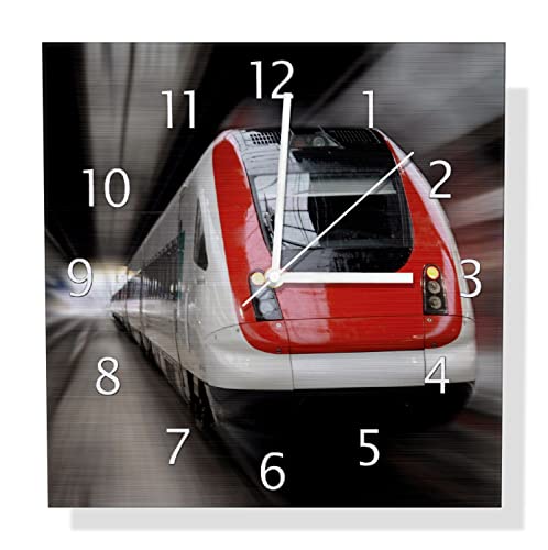 Wallario Design Wanduhr Fahrender Zug von vorn in rot- Perspektive von vorn aus Aluverbund, Alu-Uhr Größe 30 x 30 cm, weiße Zeiger mit Metalloptik von Wallario