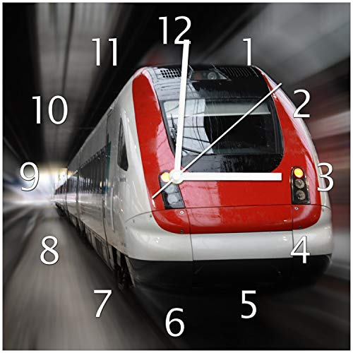 Wallario Design-Wanduhr Fahrender Zug von vorn in rot- Perspektive von vorn aus Glas, Motiv-Uhr Größe 30 x 30 cm, weiße Zeiger von Wallario