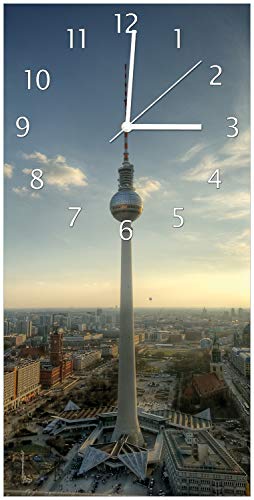 Wallario Design-Wanduhr Fernsehturm Berlin mit Panoramablick über die Stadt aus Glas, Motiv-Uhr Größe 30 x 60 cm, weiße Zeiger Wallario Design-Wanduhr Fernsehturm Berlin mit Panoramablick über die Stadt aus Glas, Motiv-Uhr Größe 30 x 60 cm, weiße Zeiger von Wallario