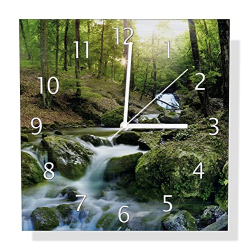 Wallario Design Wanduhr Fließender Bach im Wald bei Sonnenuntergang aus Aluverbund, Alu-Uhr Größe 30 x 30 cm, weiße Zeiger mit Metalloptik von Wallario