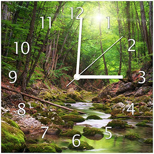 Wallario Design-Wanduhr Fluss im Wald aus Glas, Motiv-Uhr Größe 30 x 30 cm, weiße Zeiger von Wallario