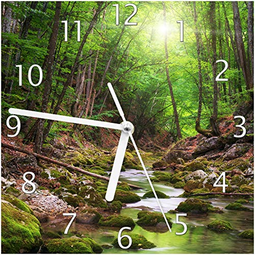 Wallario Design-Wanduhr Fluss im Wald aus Glas, Motiv-Uhr Größe 20 x 20 cm, weiße Zeiger von Wallario