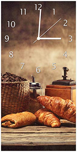 Wallario Design-Wanduhr Französisches Frühstück mit Café und Croissants aus Glas, Motiv-Uhr Größe 30 x 60 cm, weiße Zeiger von Wallario