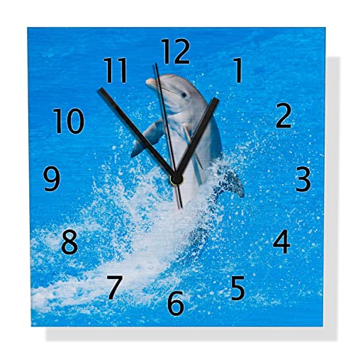 Wallario Design Wanduhr Fröhlicher Delfin im blauen Wasser aus Aluverbund, Alu-Uhr Größe 30 x 30 cm, Schwarze Zeiger mit Metalloptik von Wallario