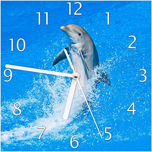 Wallario Design-Wanduhr Fröhlicher Delfin im blauen Wasser aus Glas, Motiv-Uhr Größe 20 x 20 cm, weiße Zeiger von Wallario