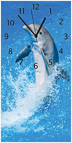 Wallario Design-Wanduhr Fröhlicher Delfin im blauen Wasser aus Glas, Motiv-Uhr Größe 30 x 60 cm, Schwarze Zeiger von Wallario