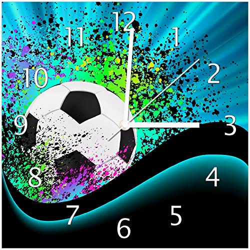 Wallario Design-Wanduhr Fußball - Design Wellen und Regenbogen in blau aus Glas, Motiv-Uhr Größe 30 x 30 cm, weiße Zeiger von Wallario