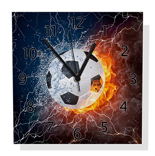 Wallario Design Wanduhr Fußball - Feuer und Wasser aus Aluverbund, Alu-Uhr Größe 30 x 30 cm, Schwarze Zeiger mit Metalloptik von Wallario