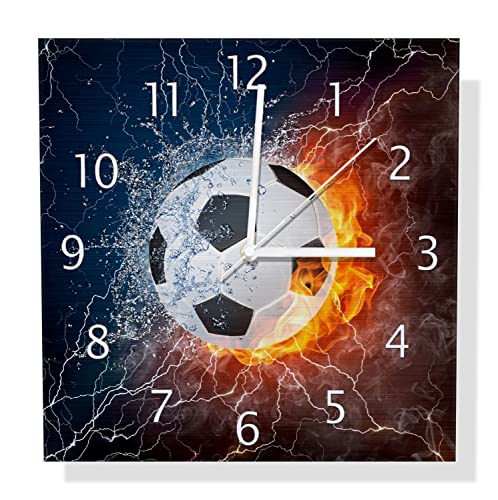 Wallario Design Wanduhr Fußball - Feuer und Wasser aus Aluverbund, Alu-Uhr Größe 30 x 30 cm, weiße Zeiger mit Metalloptik von Wallario