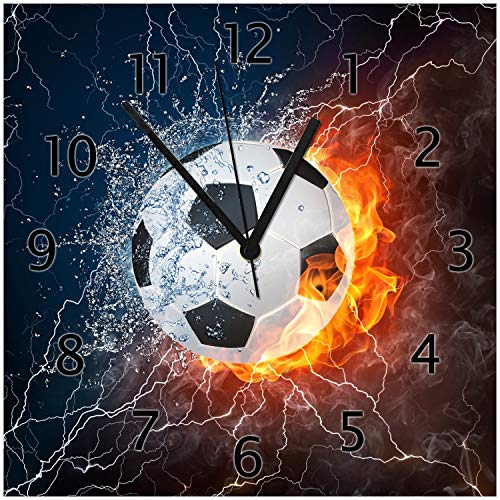 Wallario Design-Wanduhr Fußball - Feuer und Wasser aus Glas, Motiv-Uhr Größe 30 x 30 cm, Schwarze Zeiger von Wallario