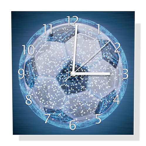 Wallario Design Wanduhr Fußball digital - Netzwerk in blau aus Aluverbund, Alu-Uhr Größe 30 x 30 cm, weiße Zeiger mit Metalloptik von Wallario