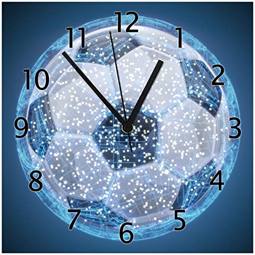 Wallario Design-Wanduhr Fußball digital - Netzwerk in blau aus Glas, Motiv-Uhr Größe 30 x 30 cm, Schwarze Zeiger von Wallario