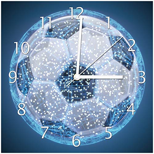 Wallario Design-Wanduhr Fußball digital - Netzwerk in blau aus Glas, Motiv-Uhr Größe 30 x 30 cm, weiße Zeiger von Wallario