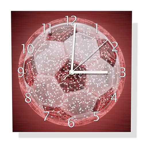 Wallario Design Wanduhr Fußball digital - Netzwerk in rot aus Aluverbund, Alu-Uhr Größe 30 x 30 cm, weiße Zeiger mit Metalloptik von Wallario