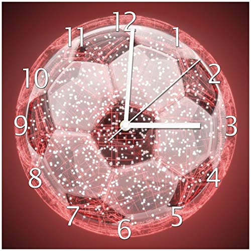 Wallario Design-Wanduhr Fußball digital - Netzwerk in rot aus Glas, Motiv-Uhr Größe 30 x 30 cm, weiße Zeiger von Wallario