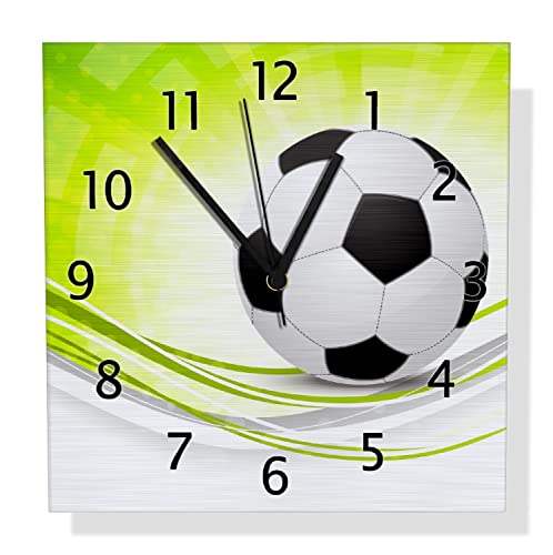 Wallario Design Wanduhr Fußball - grün weiße Wellen Muster aus Aluverbund, Alu-Uhr Größe 30 x 30 cm, Schwarze Zeiger mit Metalloptik von Wallario