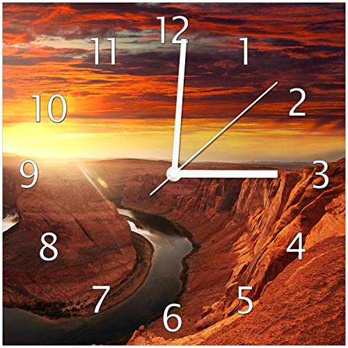 Wallario Design Wanduhr Glas Grand Canyon bei Sonnenuntergang aus Echtglas, Größe 30 x 30 cm, weiße Zeiger von Wallario