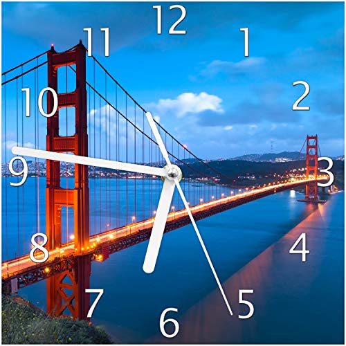 Wallario Design-Wanduhr Golden Gate Bridge in San Francisco USA aus Glas, Motiv-Uhr Größe 20 x 20 cm, weiße Zeiger von Wallario