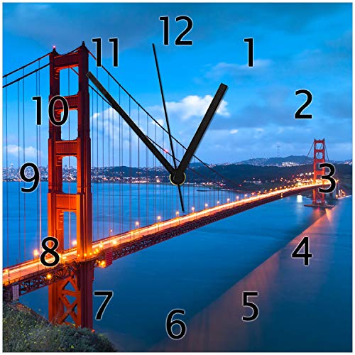 Wallario Design-Wanduhr Golden Gate Bridge in San Francisco USA aus Glas, Motiv-Uhr Größe 30 x 30 cm, Schwarze Zeiger von Wallario