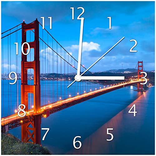 Wallario Design-Wanduhr Golden Gate Bridge in San Francisco USA aus Glas, Motiv-Uhr Größe 30 x 30 cm, weiße Zeiger von Wallario