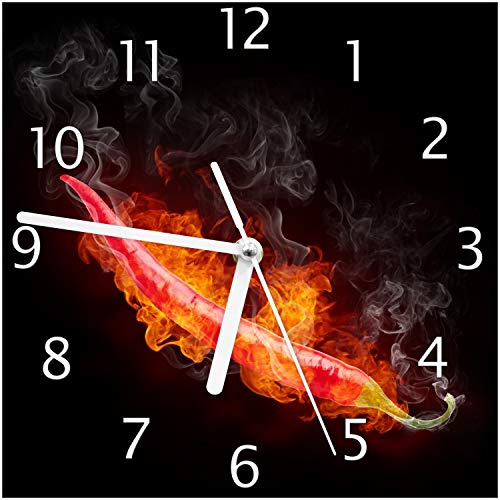 Wallario Design-Wanduhr Heiße, brennende Chili-Schote vor schwarzem Hintergrund aus Glas, Motiv-Uhr Größe 20 x 20 cm, weiße Zeiger von Wallario