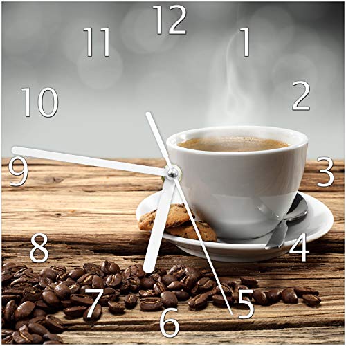 Wallario Design-Wanduhr Heiße Tasse Kaffee mit Kaffeebohnen aus Glas, Motiv-Uhr Größe 20 x 20 cm, weiße Zeiger von Wallario