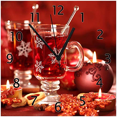 Wallario Design-Wanduhr Heißer Winterpunsch mit Kerzen aus Glas, Motiv-Uhr Größe 30 x 30 cm, Schwarze Zeiger von Wallario