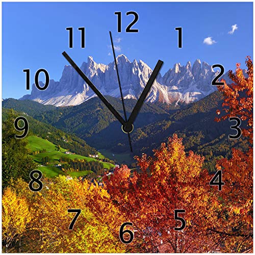 Wallario Design-Wanduhr Herbst im Gebirgstal unter blauem Himmel aus Glas, Motiv-Uhr Größe 30 x 30 cm, Schwarze Zeiger von Wallario