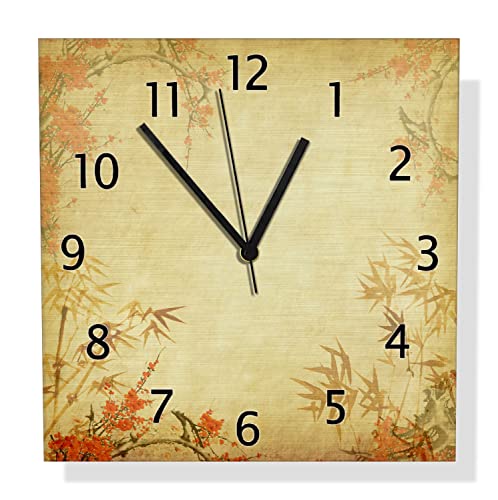 Wallario Design Wanduhr Herbststimmung – Alter Papyrus mit Herbstmotiven aus Aluverbund, Alu-Uhr Größe 30 x 30 cm, Schwarze Zeiger mit Metalloptik von Wallario