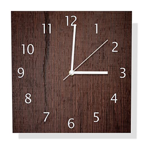 Wallario Design Wanduhr Holz-Optik Textur dunkelbraunes Holz aus Aluverbund, Alu-Uhr Größe 30 x 30 cm, weiße Zeiger mit Metalloptik von Wallario