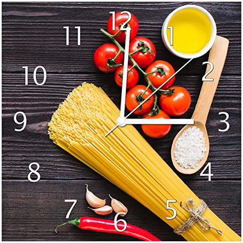 Wallario Design-Wanduhr Italienisches Menü mit Spaghetti, Tomaten, Salz und Chilischoten aus Glas, Motiv-Uhr Größe 30 x 30 cm, weiße Zeiger von Wallario