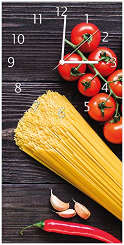 Wallario Design-Wanduhr Italienisches Menü mit Spaghetti, Tomaten, Salz und Chilischoten aus Glas, Motiv-Uhr Größe 30 x 60 cm, weiße Zeiger von Wallario
