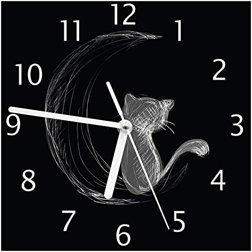 Wallario Design-Wanduhr Katze sitzt auf dem Mond - illustriert in weiß auf schwarz aus Glas, Motiv-Uhr Größe 20 x 20 cm, weiße Zeiger von Wallario