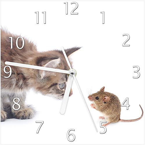 Wallario Design-Wanduhr Katze und Maus beim Spielen - weißer Hintergrund aus Glas, Motiv-Uhr Größe 20 x 20 cm, weiße Zeiger von Wallario
