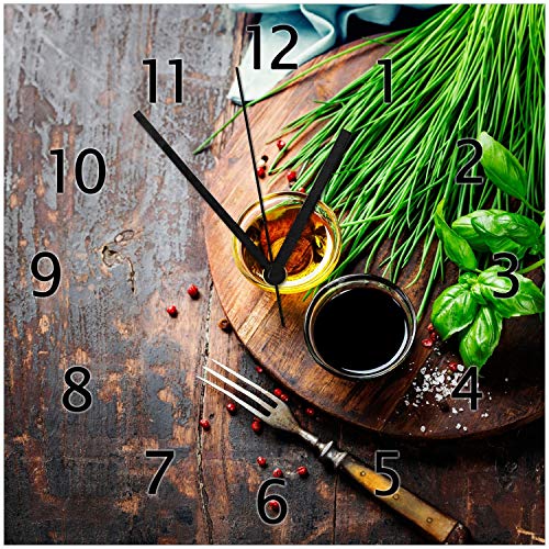 Wallario Design-Wanduhr Kräuter, Öle und Gewürze auf einem Holzbrett aus Glas, Motiv-Uhr Größe 30 x 30 cm, Schwarze Zeiger Wallario Design-Wanduhr Kräuter, Öle und Gewürze auf einem Holzbrett aus Glas, Motiv-Uhr Größe 30 x 30 cm, Schwarze Zeiger von Wallario