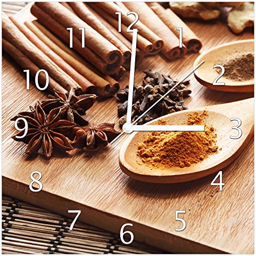 Wallario Design-Wanduhr Kräuter und Gewürze auf Holzlöffeln aus Glas, Motiv-Uhr Größe 30 x 30 cm, weiße Zeiger Wallario Design-Wanduhr Kräuter und Gewürze auf Holzlöffeln aus Glas, Motiv-Uhr Größe 30 x 30 cm, weiße Zeiger von Wallario