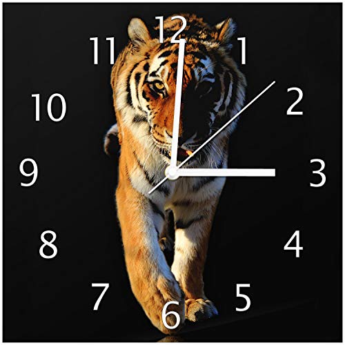 Wallario Design-Wanduhr Laufender Tiger aus Glas, Motiv-Uhr Größe 30 x 30 cm, weiße Zeiger von Wallario