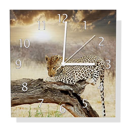 Wallario Design Wanduhr Leopard auf Baumstamm in Afrika aus Aluverbund, Alu-Uhr Größe 30 x 30 cm, weiße Zeiger mit Metalloptik von Wallario