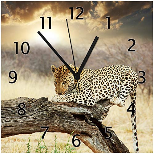 Wallario Design-Wanduhr Leopard auf Baumstamm in Afrika aus Glas, Motiv-Uhr Größe 30 x 30 cm, Schwarze Zeiger von Wallario