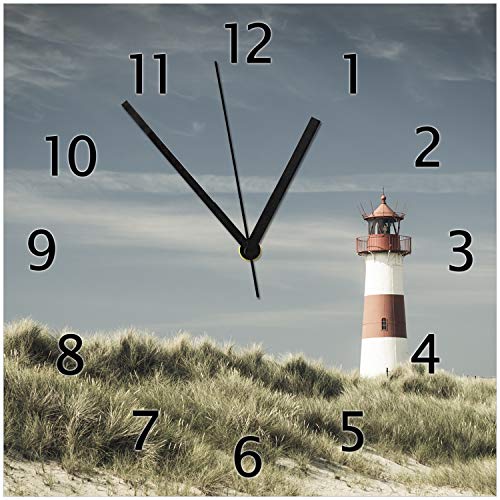 Wallario Design-Wanduhr Leuchtturm auf der Düne am Strand aus Glas, Motiv-Uhr Größe 30 x 30 cm, Schwarze Zeiger von Wallario