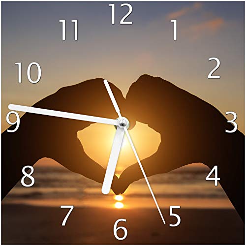 Wallario Design-Wanduhr Liebe im Herzen der Sonne - Strand und Meer aus Glas, Motiv-Uhr Größe 20 x 20 cm, weiße Zeiger von Wallario