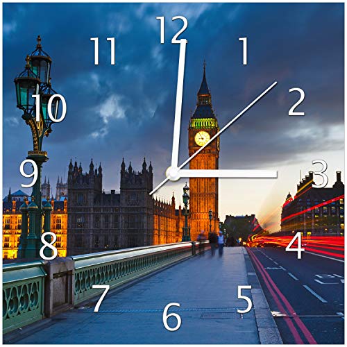 Wallario Design-Wanduhr London- Big Ben bei Nacht aus Glas, Motiv-Uhr Größe 30 x 30 cm, weiße Zeiger von Wallario