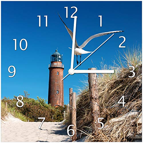 Wallario Design-Wanduhr Möwe am Strand mit Leuchtturm aus Glas, Motiv-Uhr Größe 30 x 30 cm, weiße Zeiger von Wallario